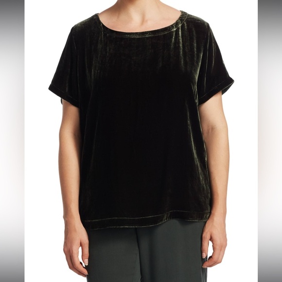 Eileen Fisher Bateau Neck Emerald Green Velvet Short Sleeve Top NWT - Picture 1 of 7
